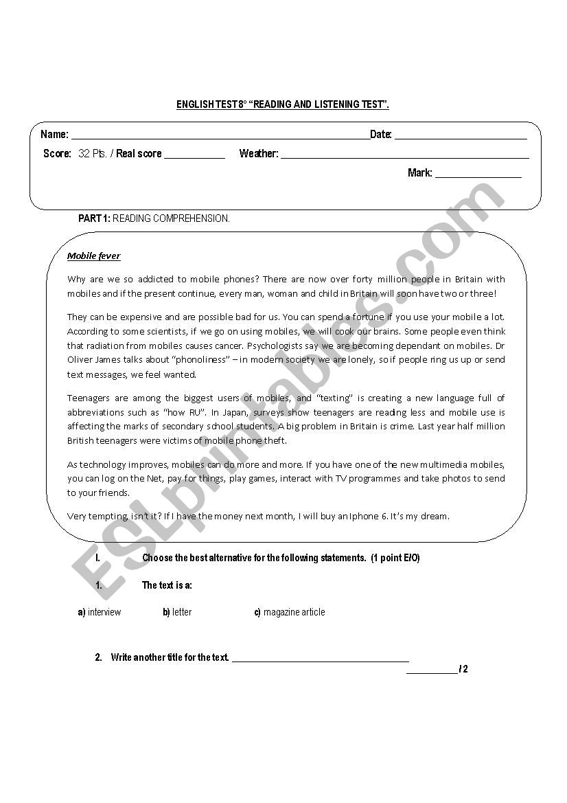 READING AND LISTENING TEST  worksheet