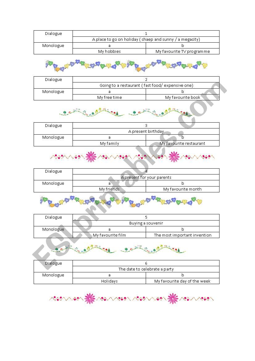 Monologue and dialogue A1 (13 dialogues, 26 monologues)