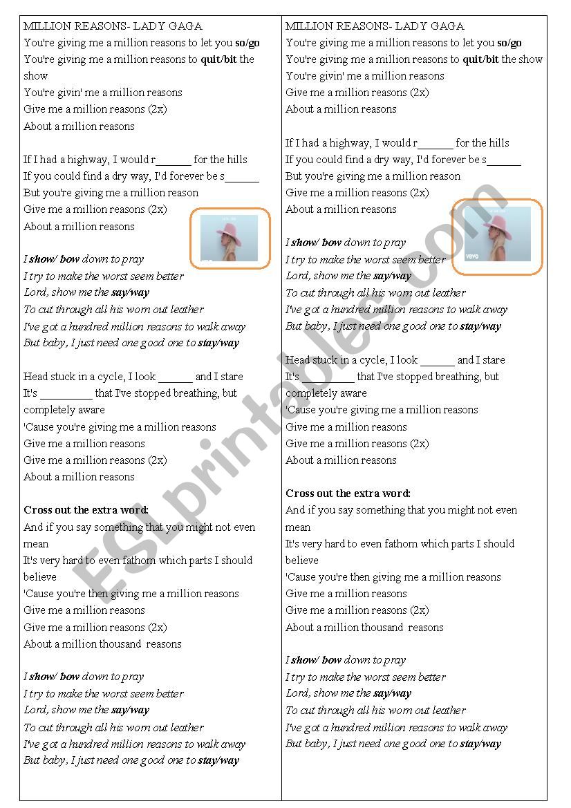 Song Million Reasons worksheet