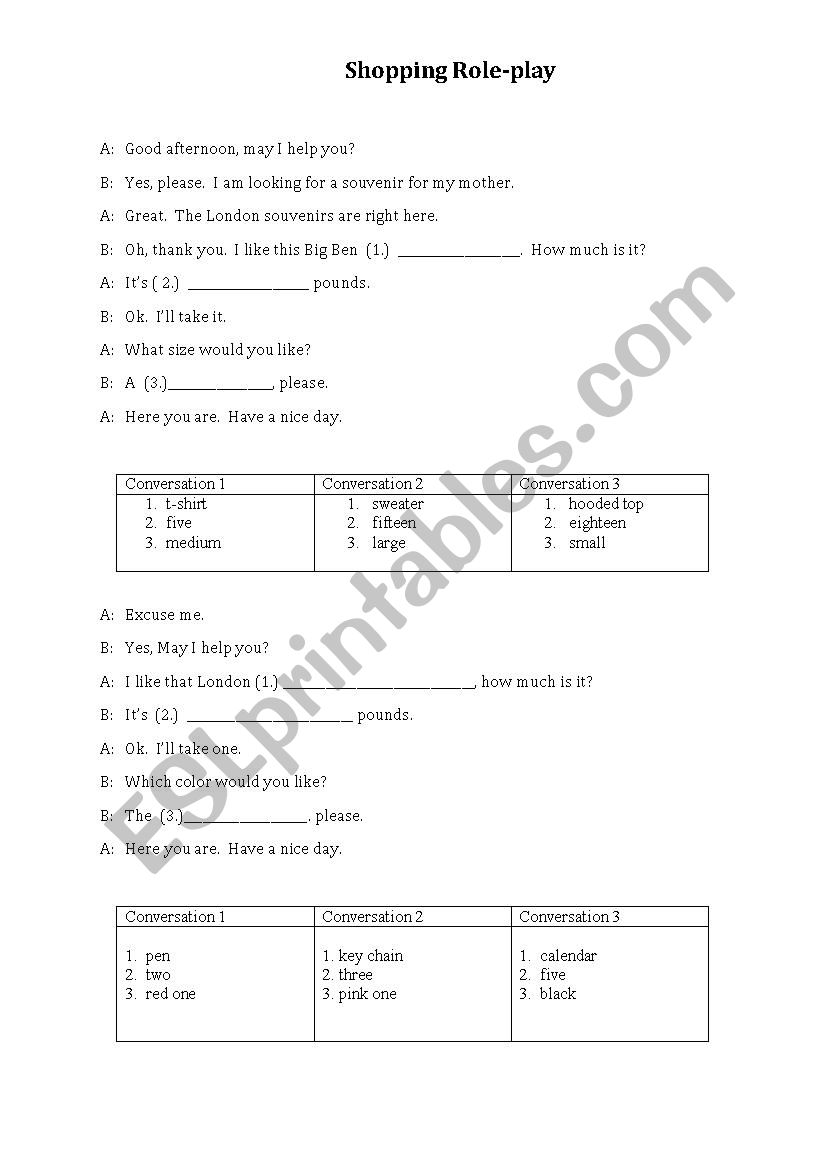 Shopping in London role-play worksheet