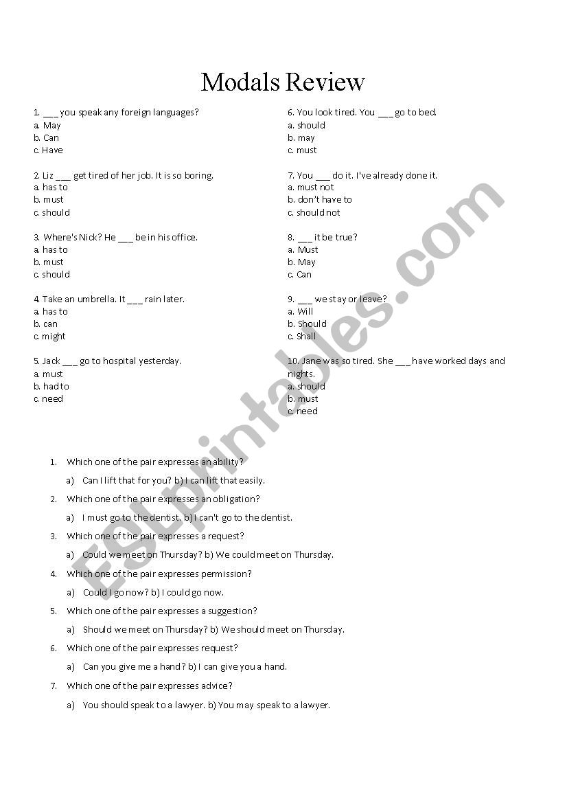 Modals Practice (Multiple Choice)