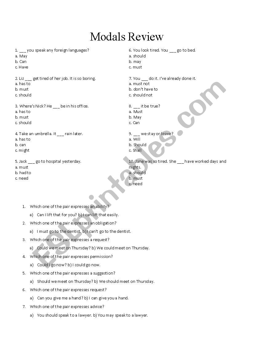 Modals Practice (Multiple Choice)