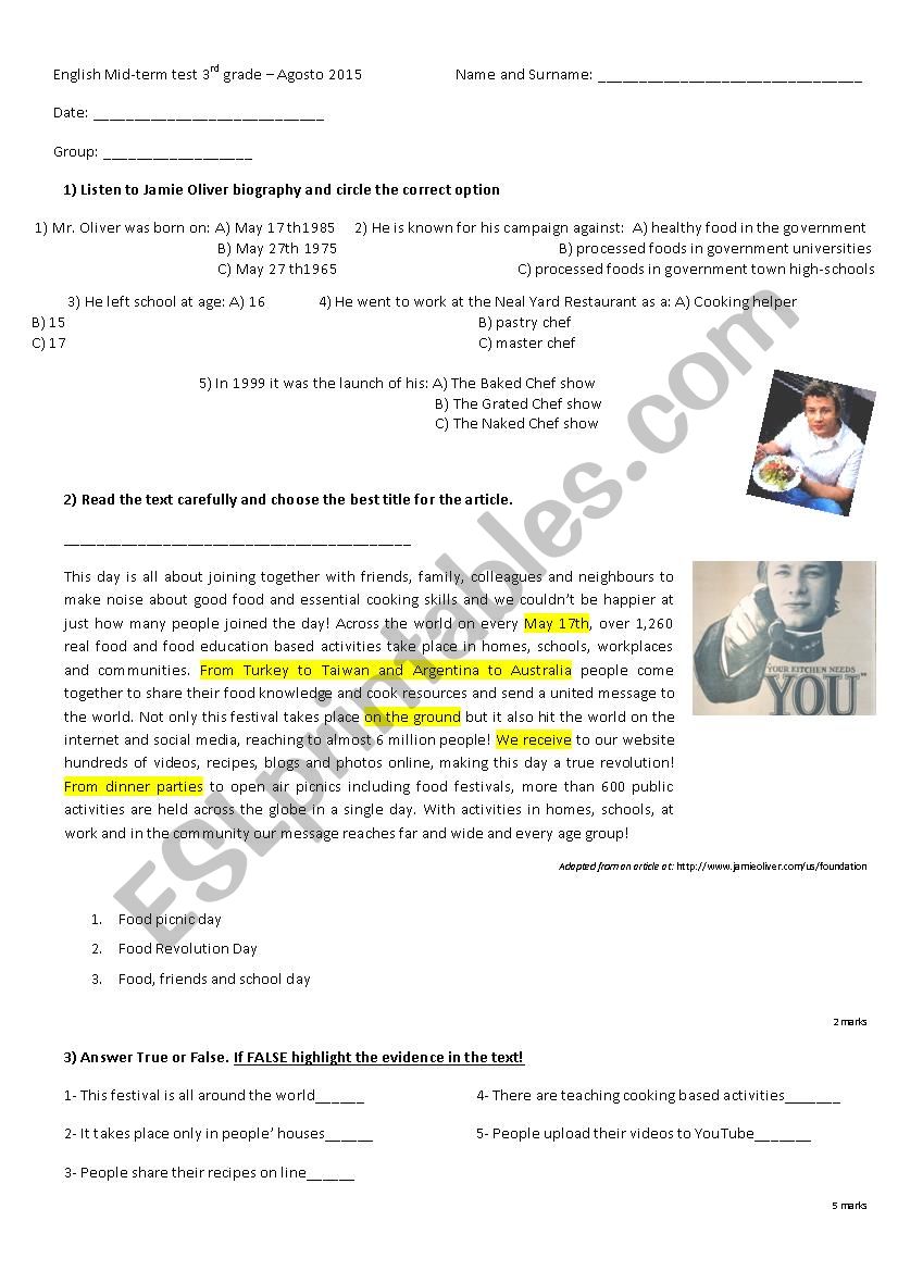 English Mid-term test 3rd - August differential