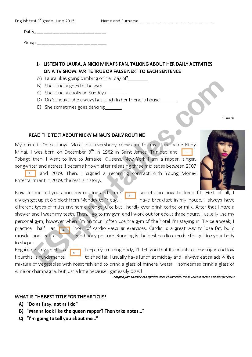 NIcki Minaj worksheet