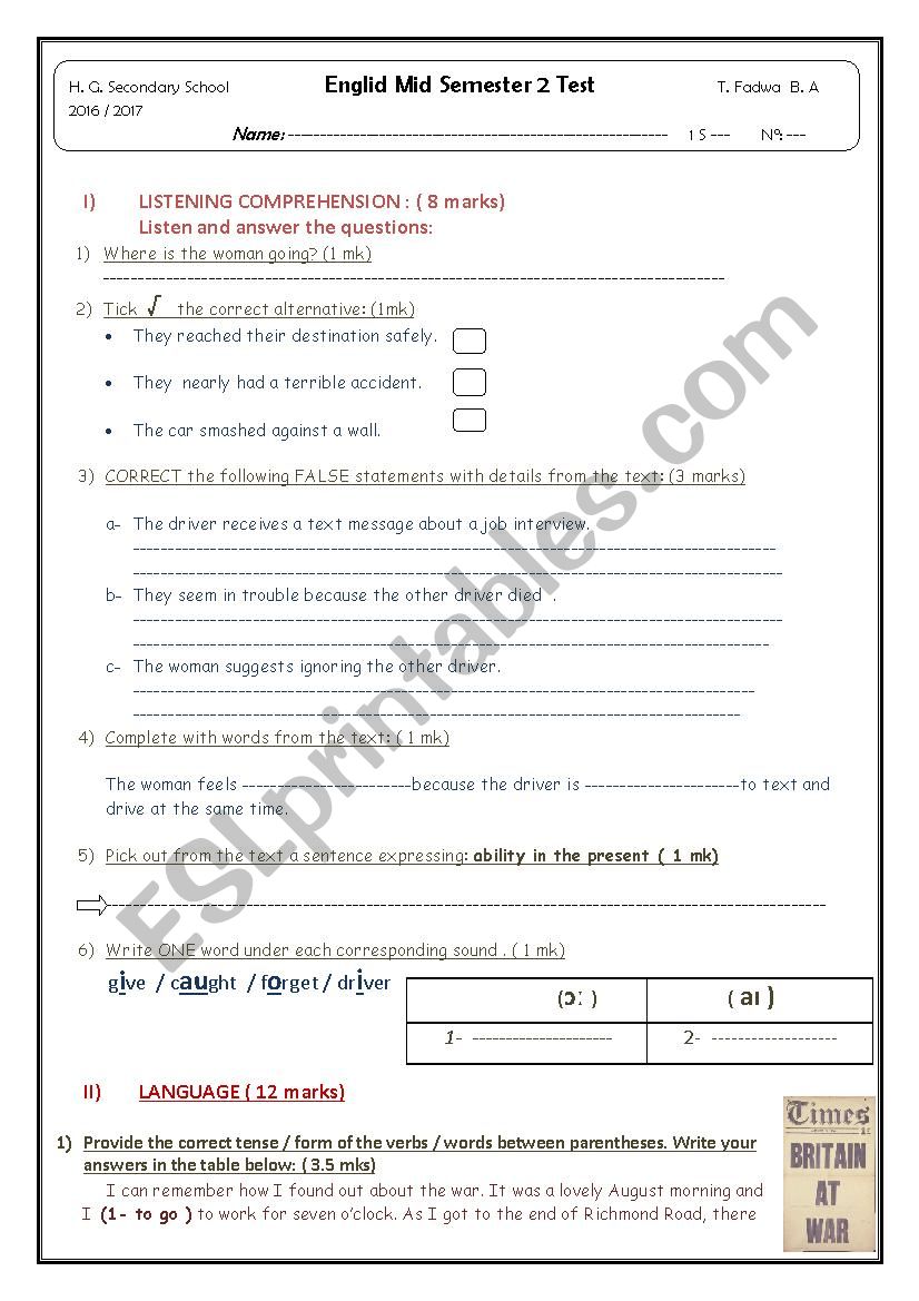 Mid Semester 2 Test 1st formers