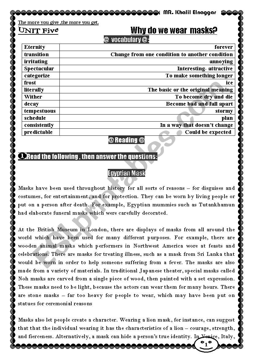 Egyptian Masks worksheet