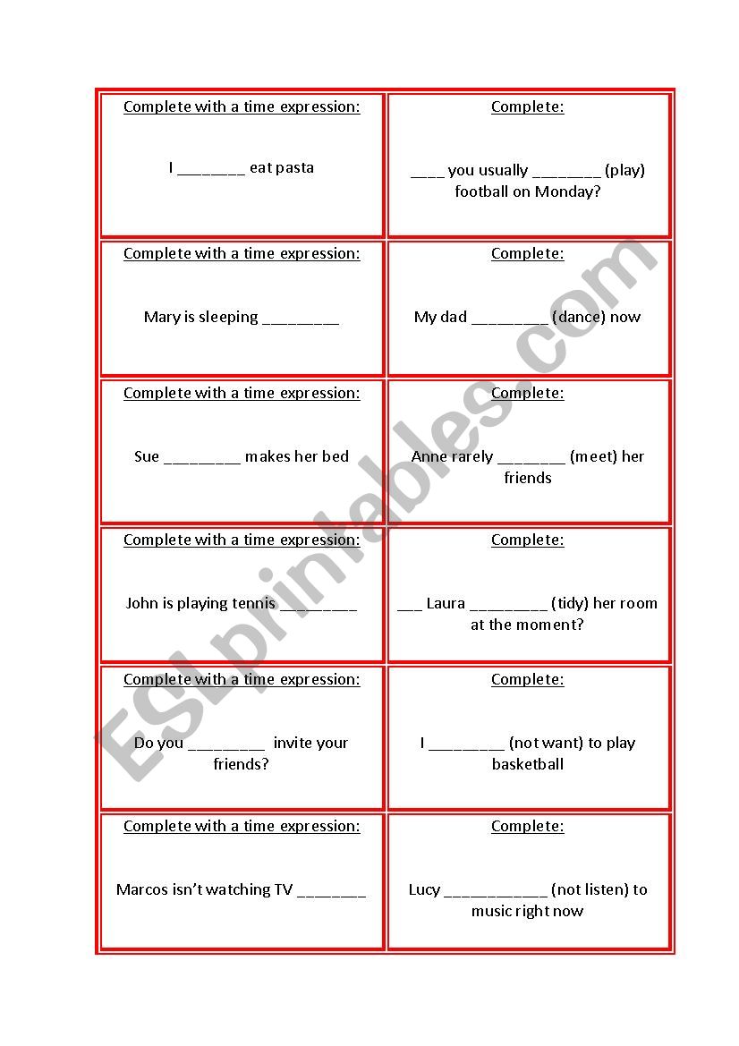 Present simple and continuous cards