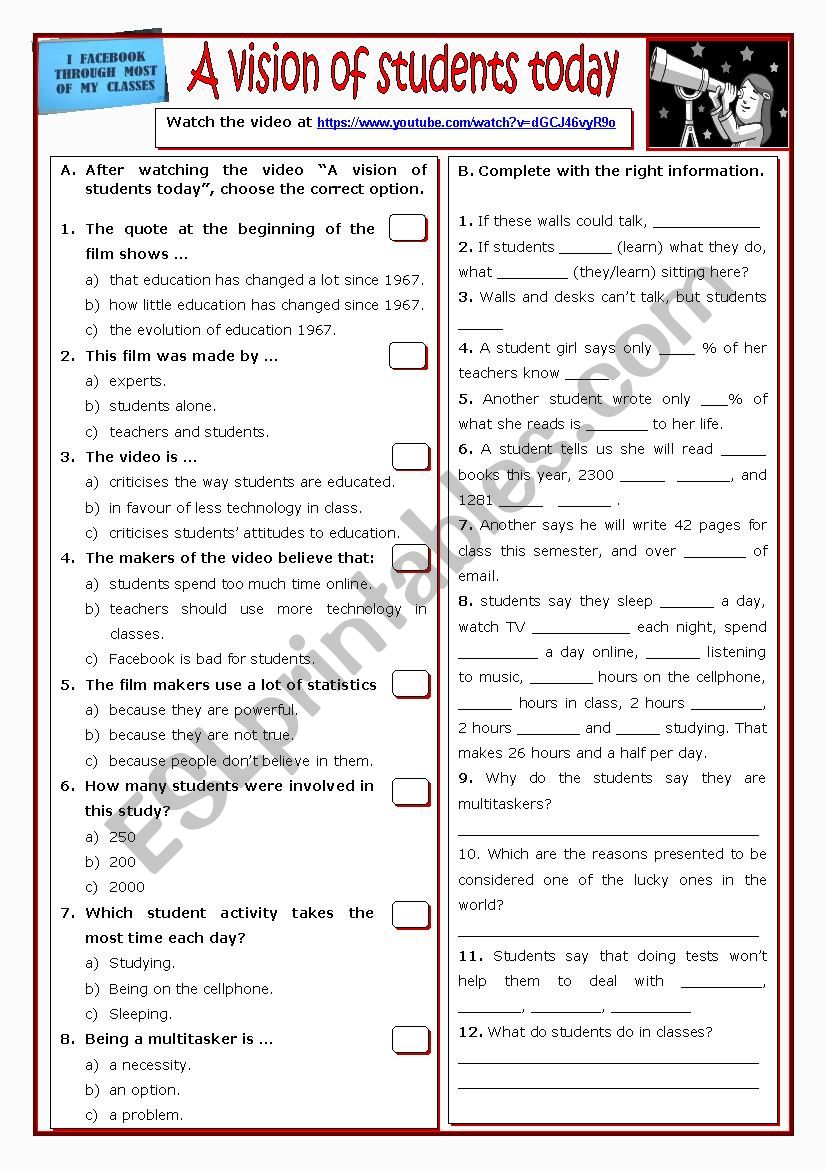 A vision of students today worksheet