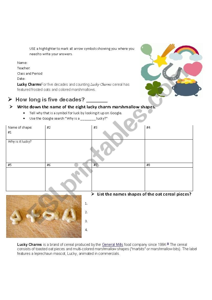 Great Lucky Charms Unit worksheet