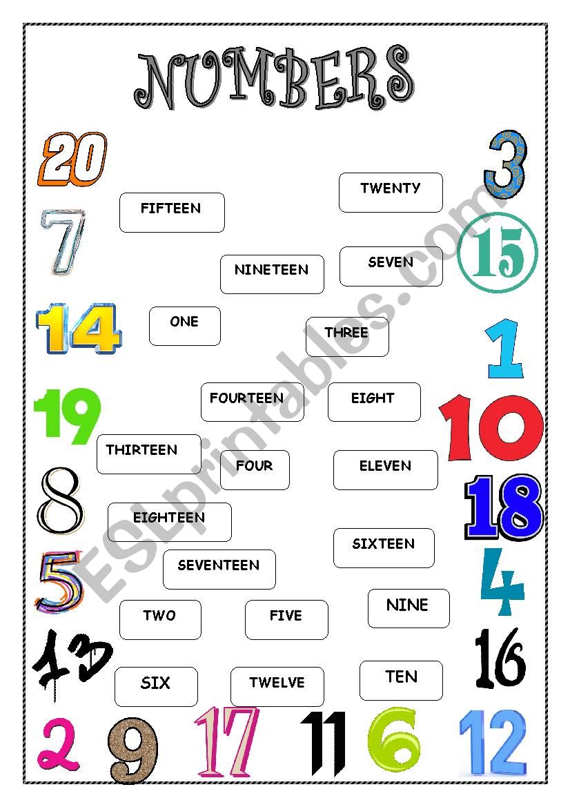 Numbers 1 - 20 matching worksheet