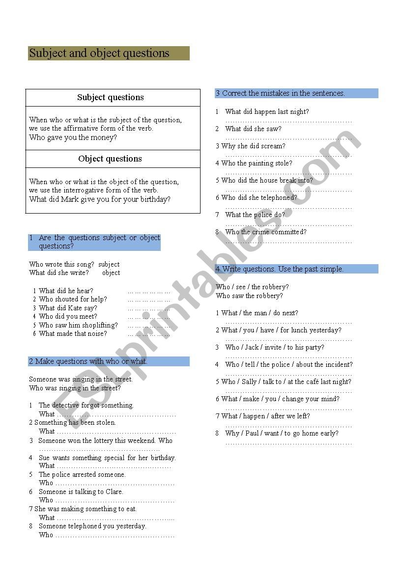 SUBJECT AND OBJECT QUESTIONS worksheet