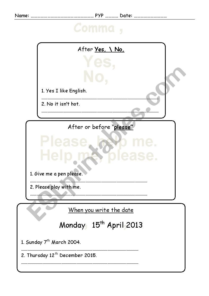 commas worksheet