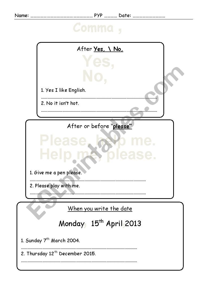 commas worksheet