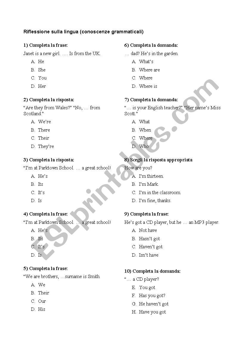 Grammar A1 worksheet