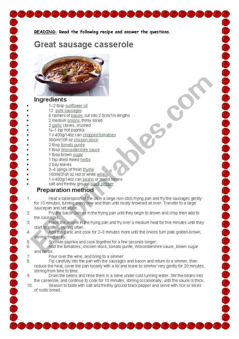 great sausage caerole worksheet