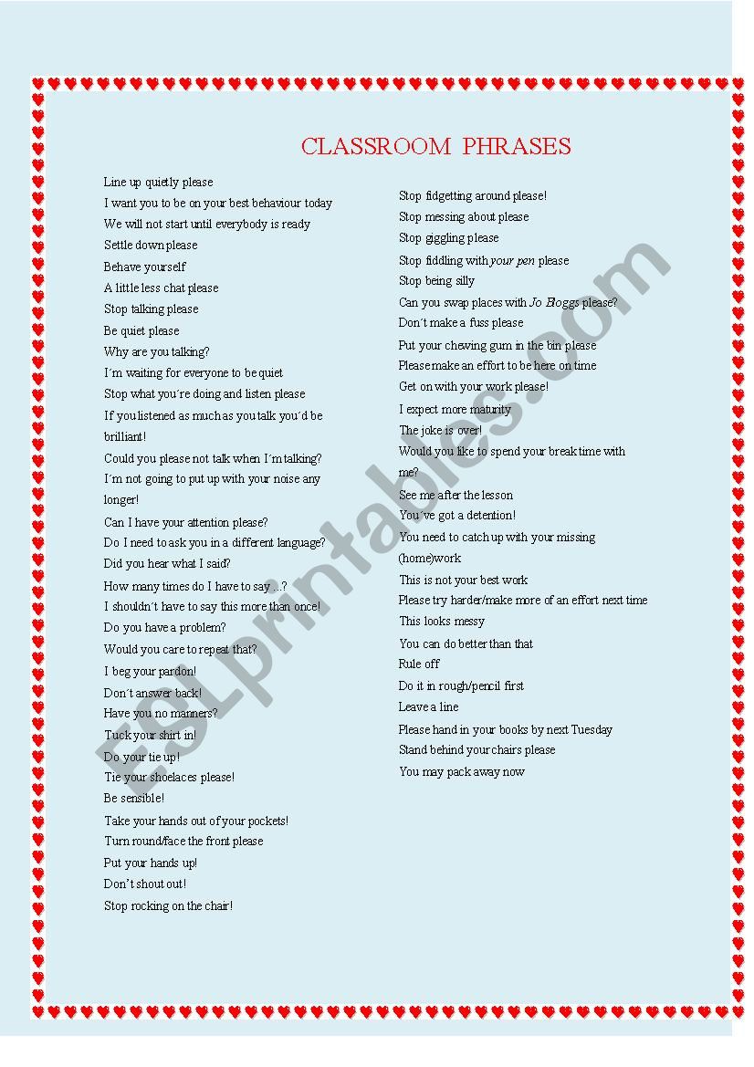 classroom phrases worksheet