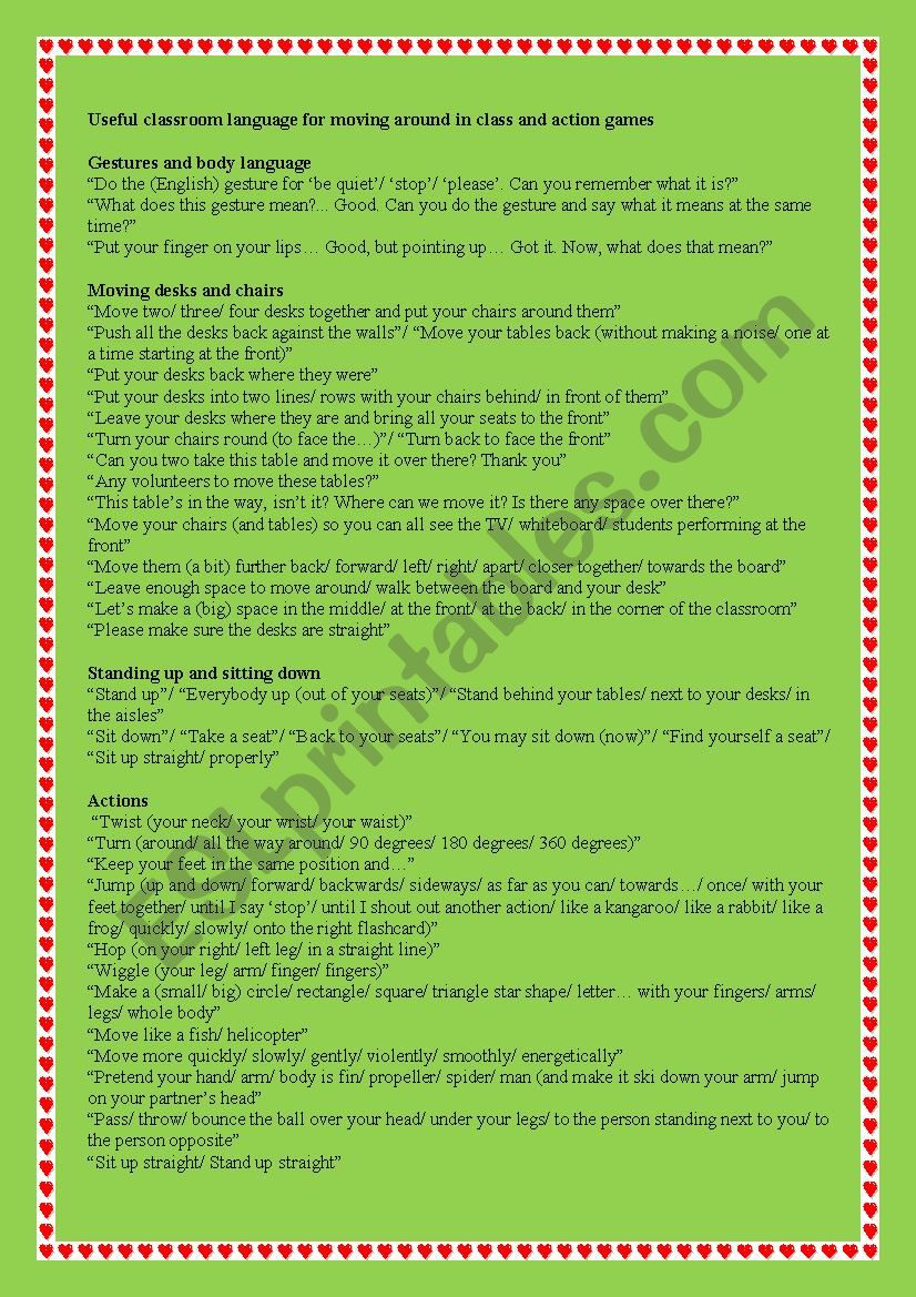 classroom language  worksheet