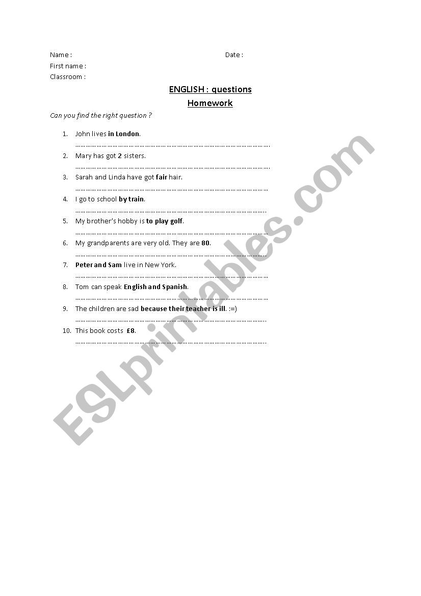 Question words worksheet