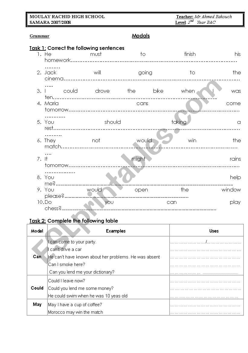 modals worksheet