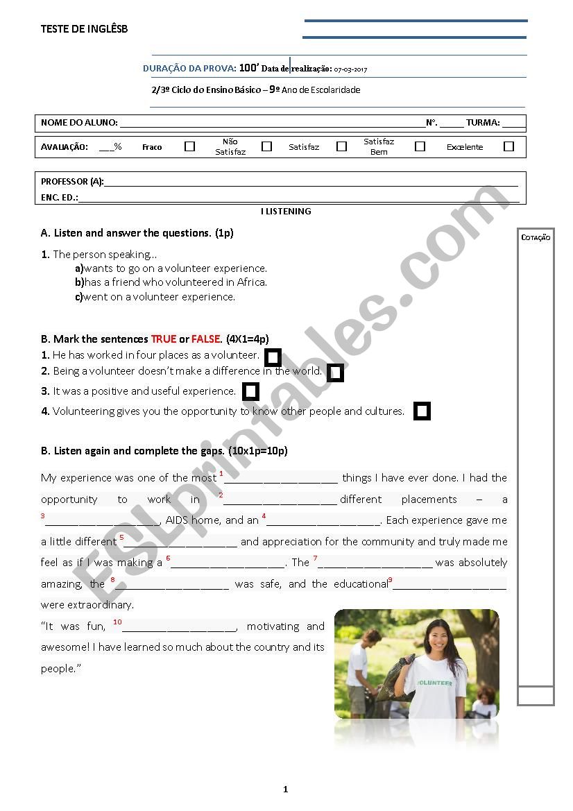 test 9th grade volunteering - test B