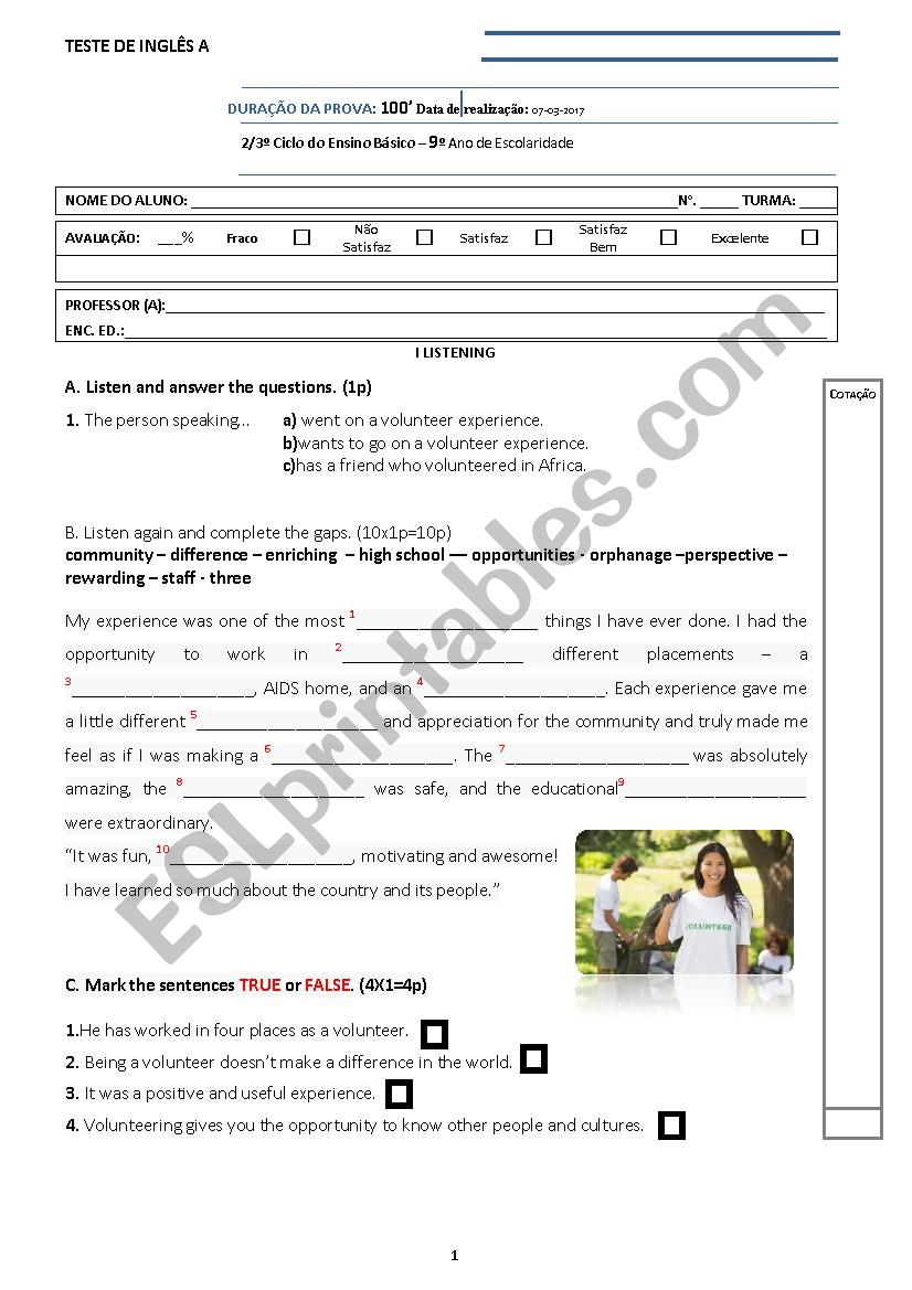 test 9th grade volunteering - special needs