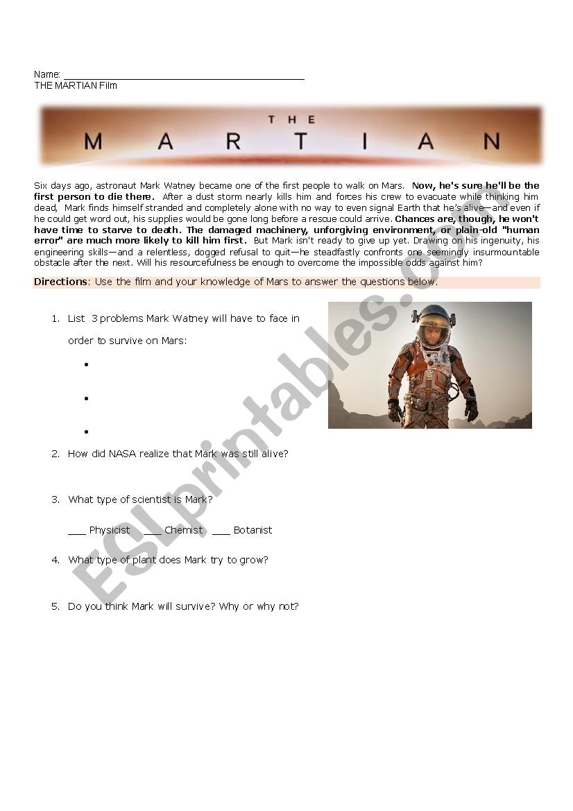 The Martian film worksheet - ESL worksheet by msternin Regarding The Martian Movie Worksheet