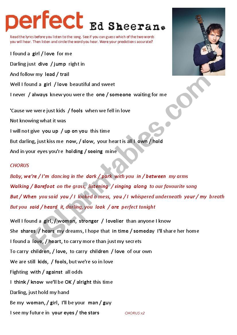 Perfect by Ed Sheeran SONG worksheet