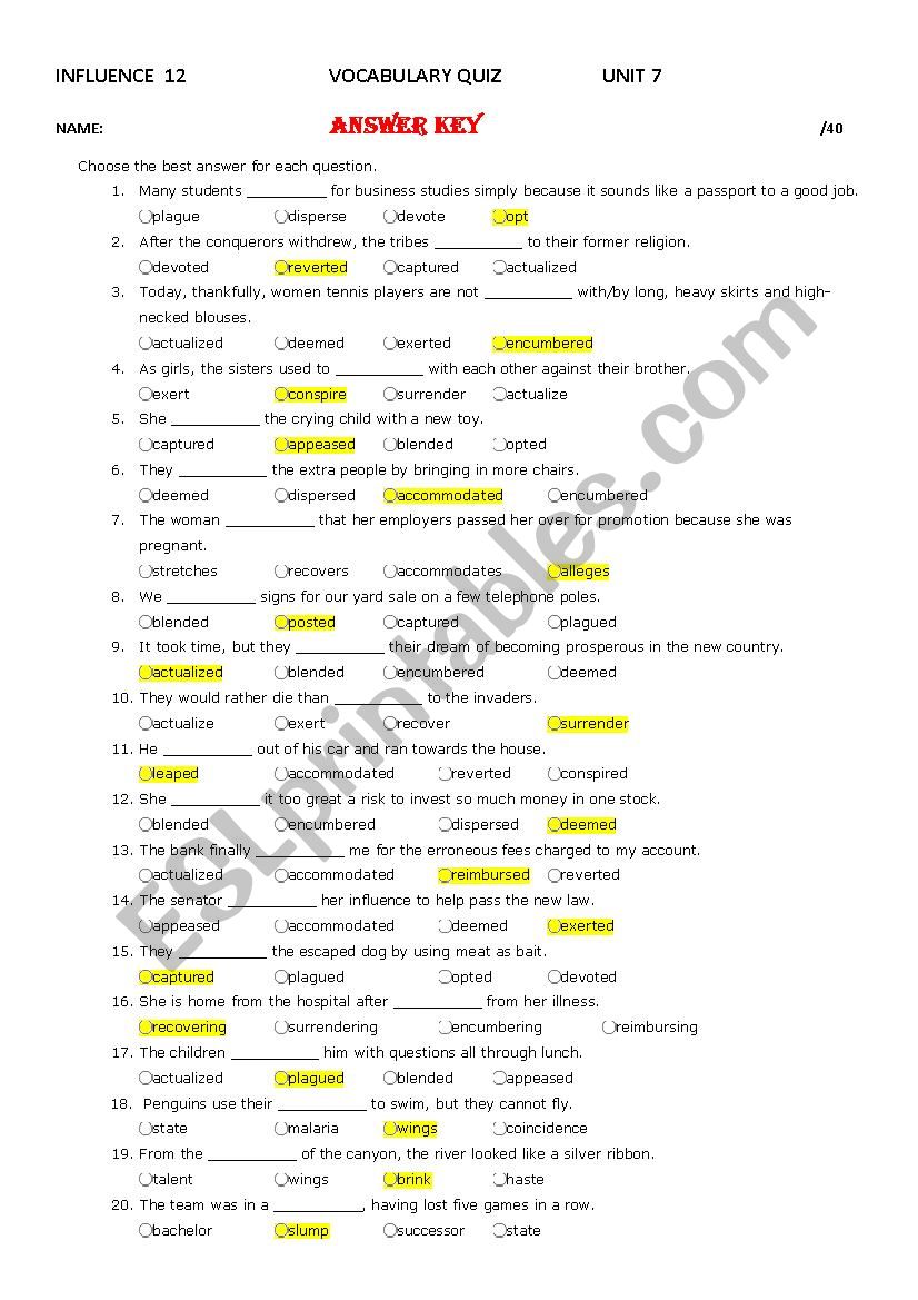 Influence 12 Unit 7 Vocabulary Quiz