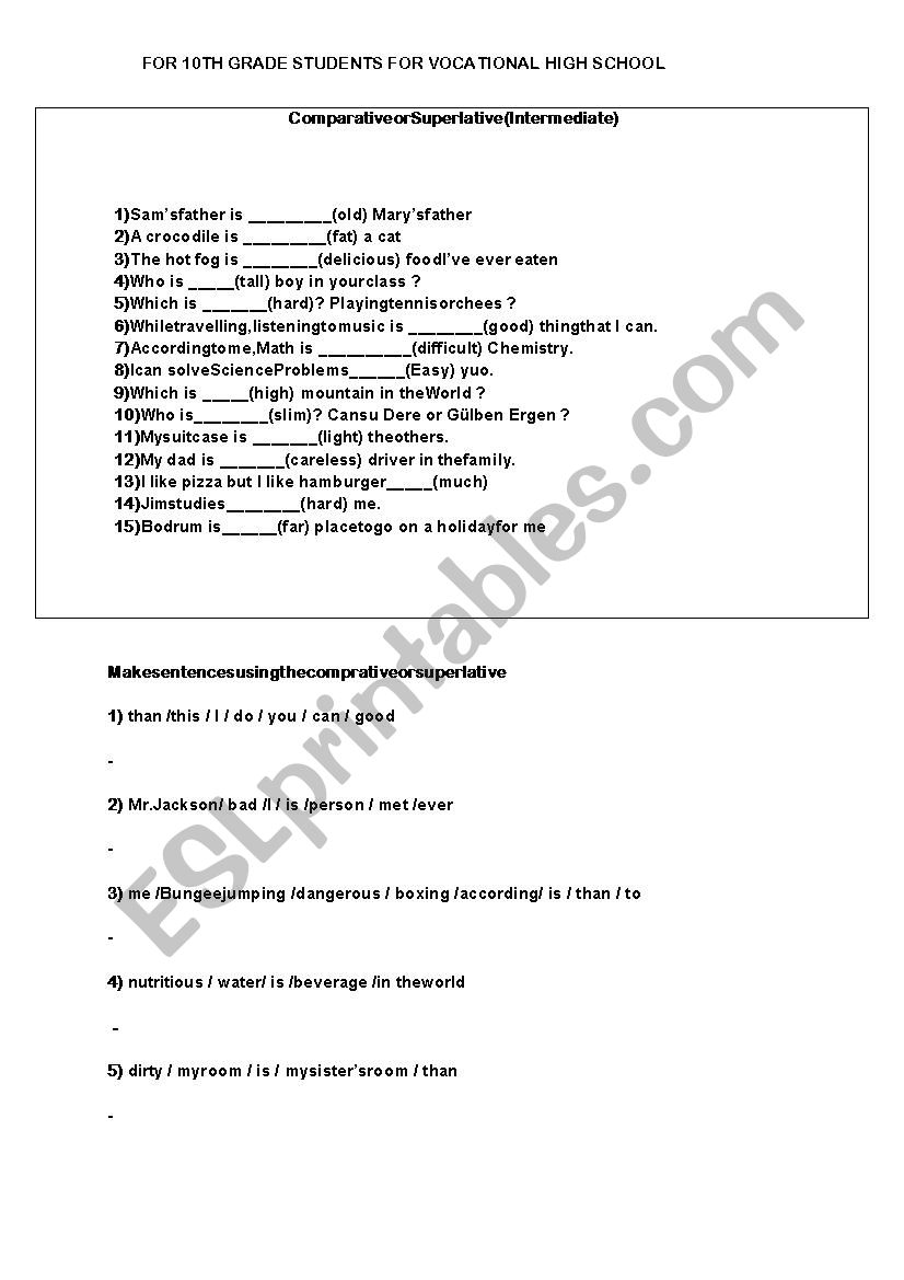 comparatıves worksheet