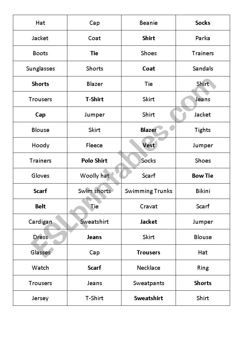 Clothes - Odd one out worksheet