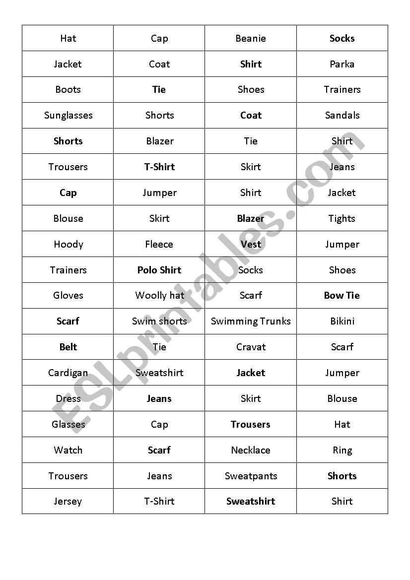 Clothes - Odd one out worksheet