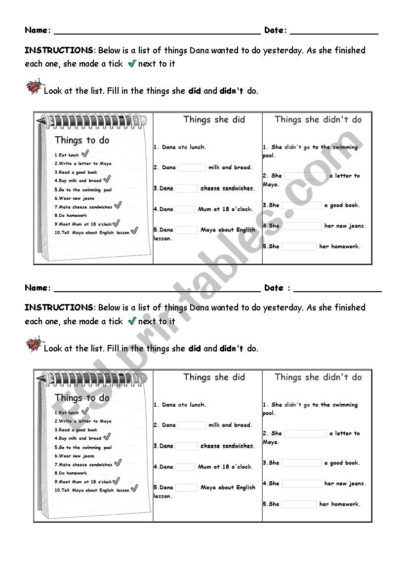 Did or Did not worksheet