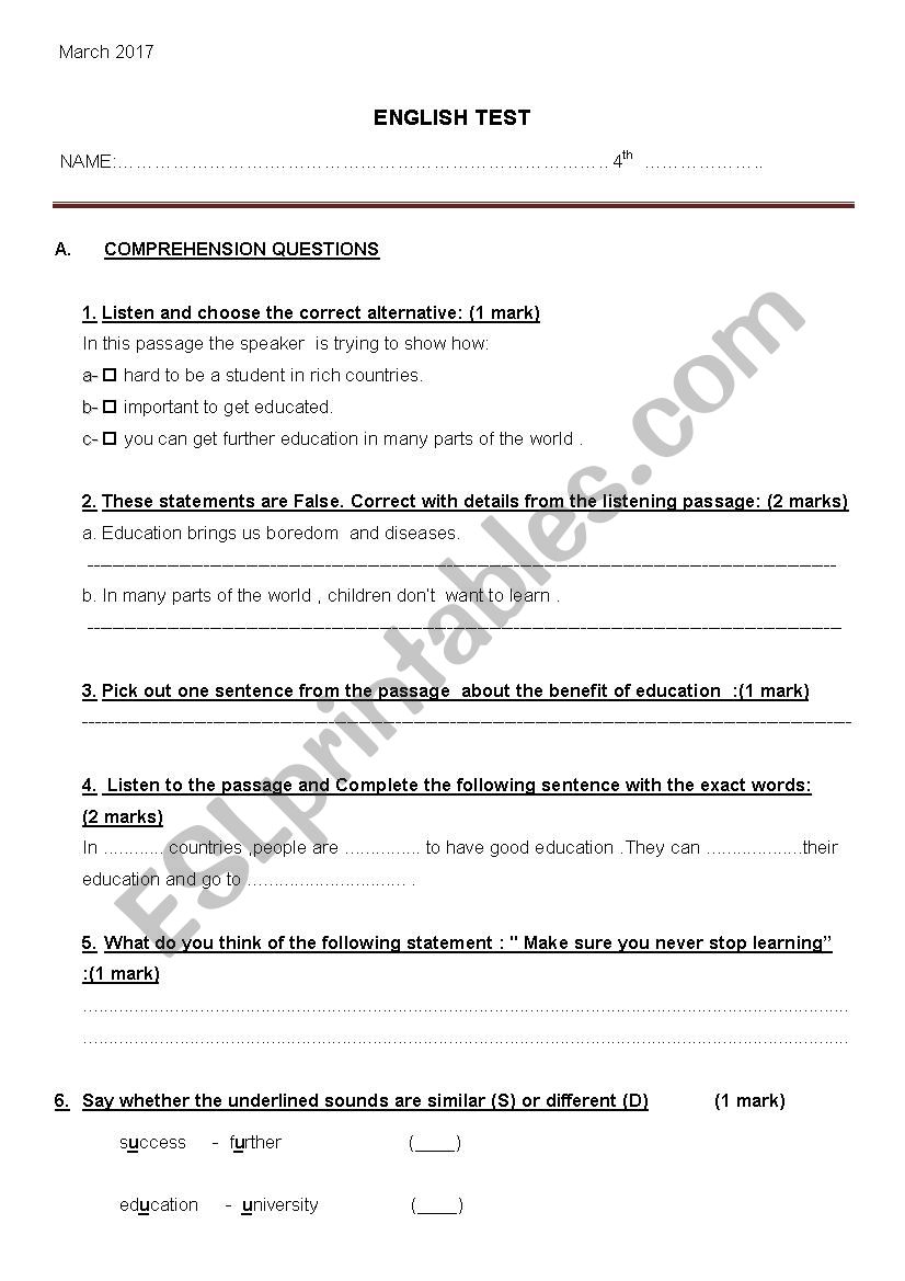 mid-semester 2 test Bac  worksheet