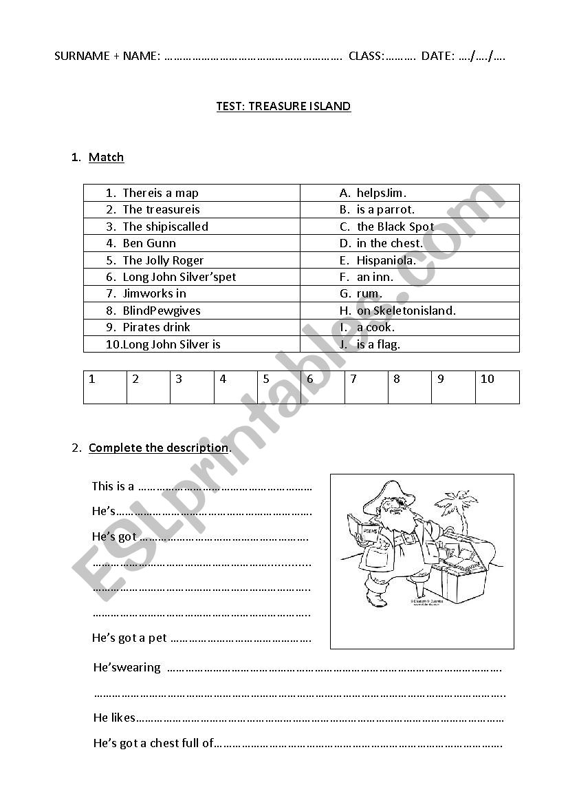 Treasure Island Test worksheet