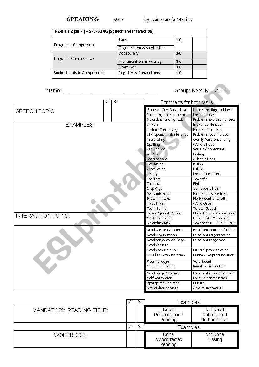 SPEAKING EXAM EVALUATION SHEET