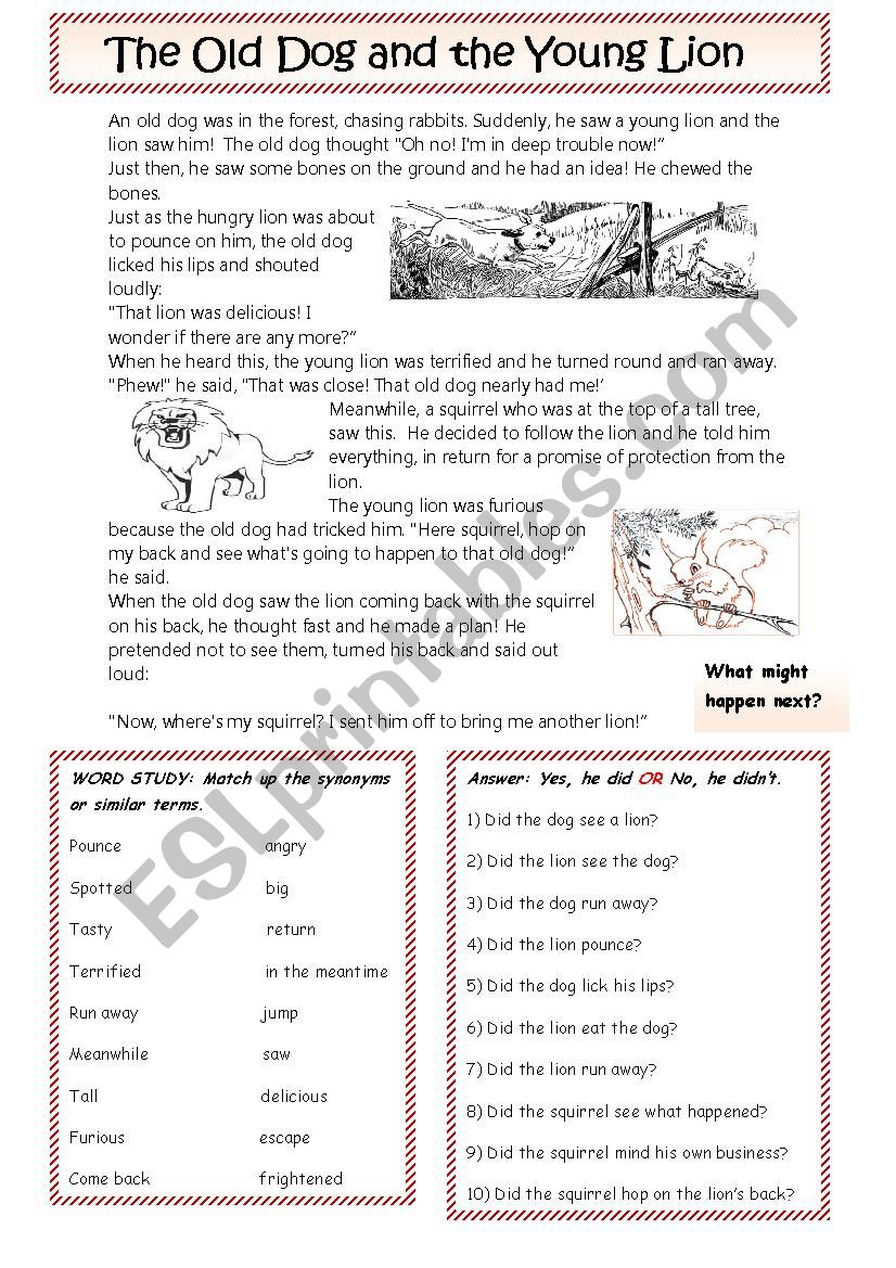 The Dog and the Lion: a fable worksheet