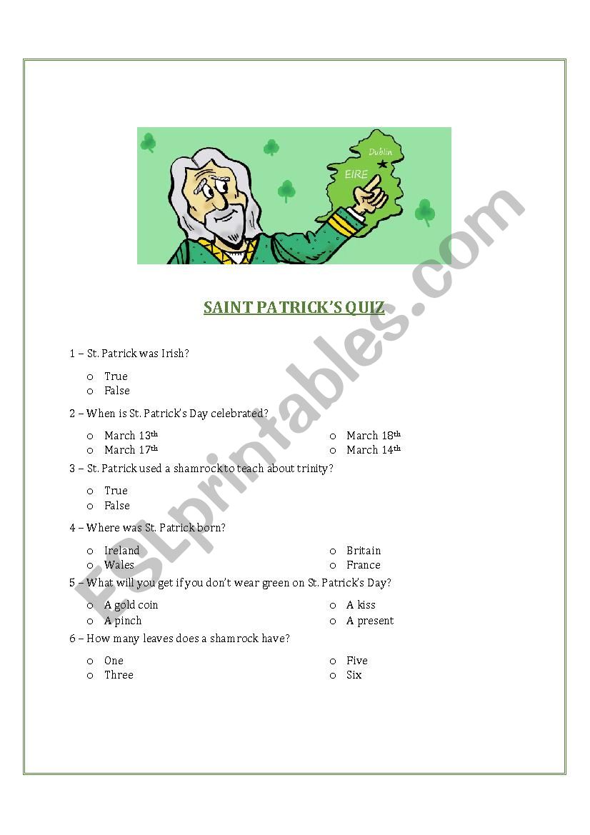 St. Patricks Quiz worksheet