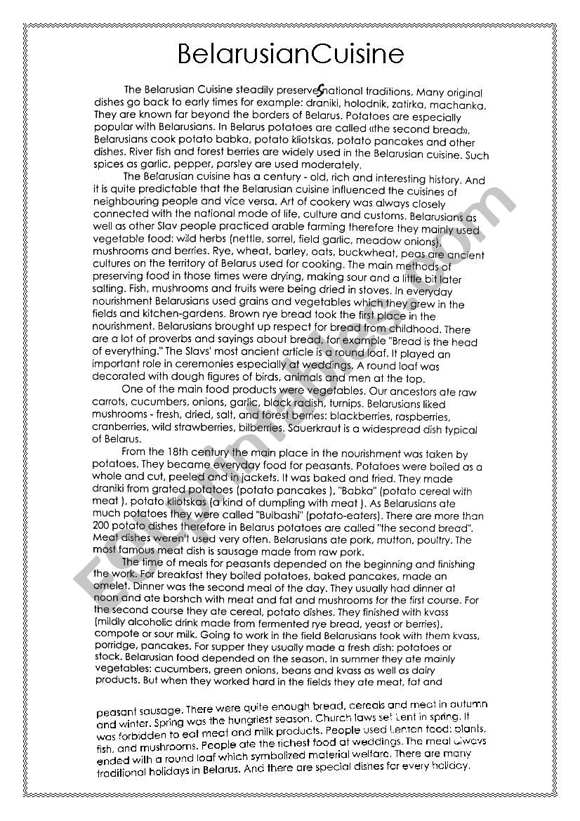 Belarusian Cuisine worksheet