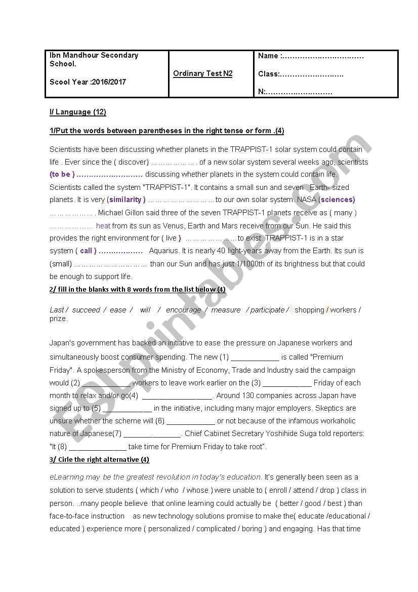 ordinary test n2 for 4th level ESL worksheet by abdejlil