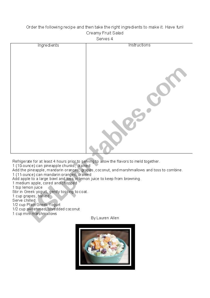 Recipe: Creamy Fruit Salad worksheet