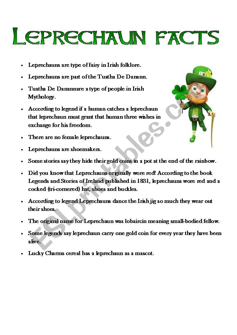 Leprechaun, st patrick, reading comprehension, facts, word search