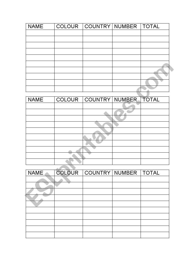 Game - Stop worksheet