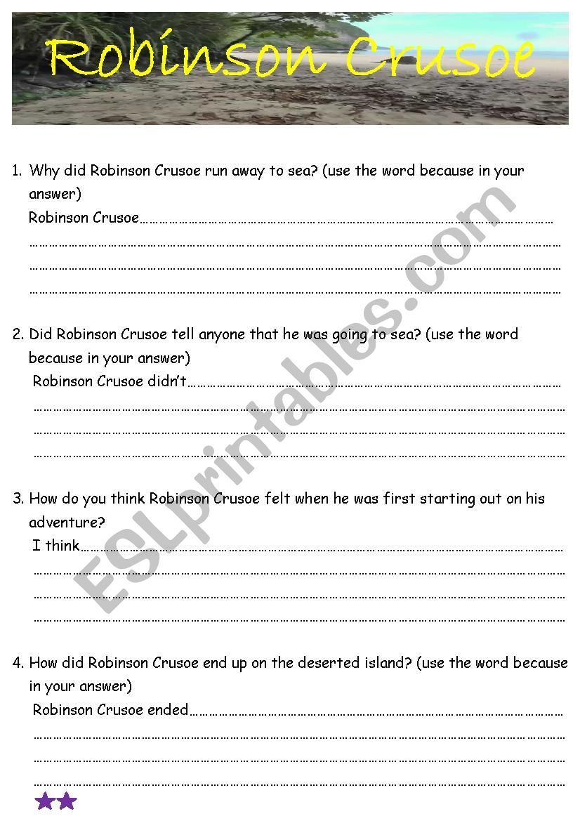 Robinson Crusoe Ch 1 & 2 comprehension questions with basic writing frame