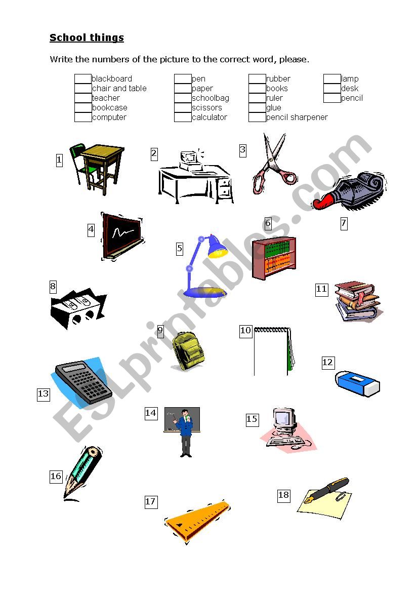 School things - match pictures to words