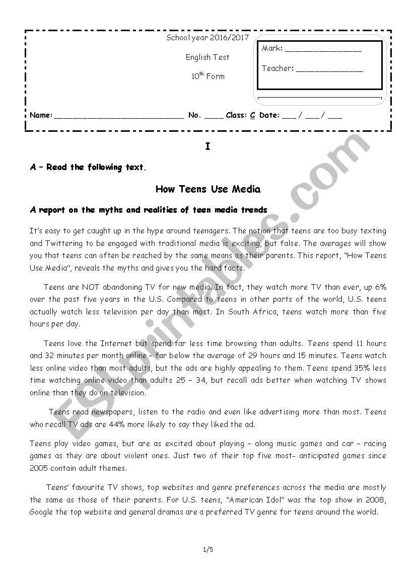 How Teens Use Media - 10th form test