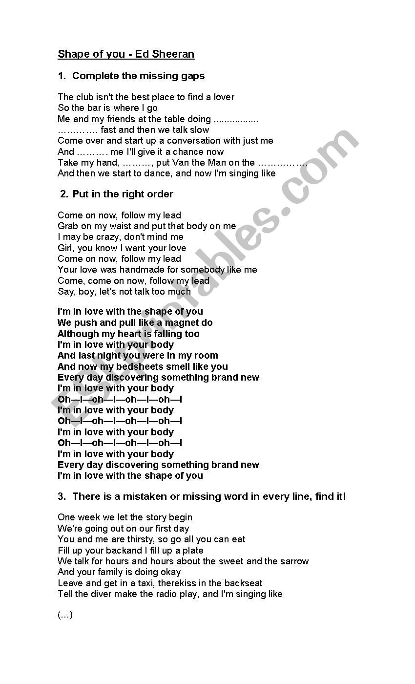 Shape of you - Ed Sheeran worksheet