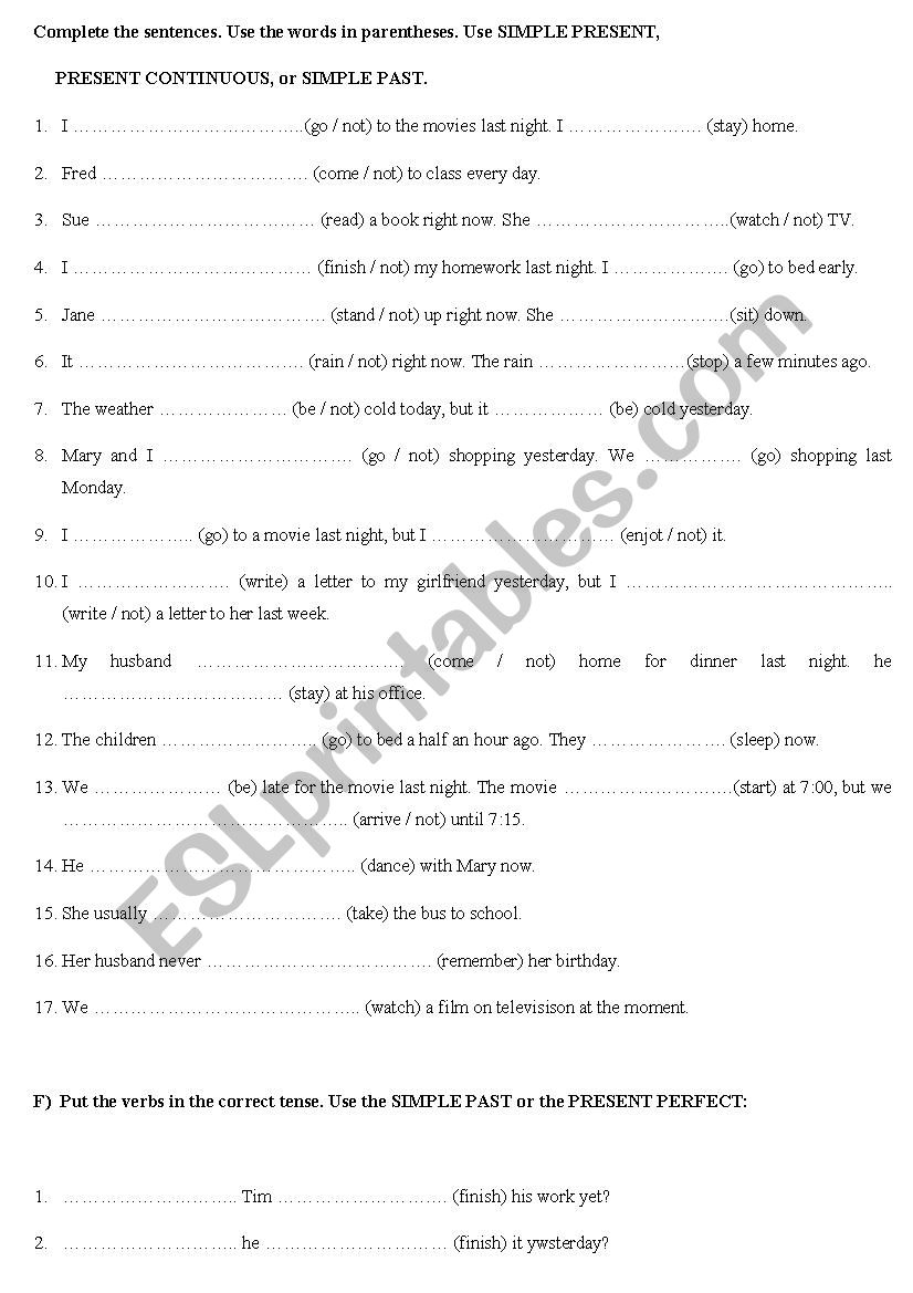 tenses review worksheet