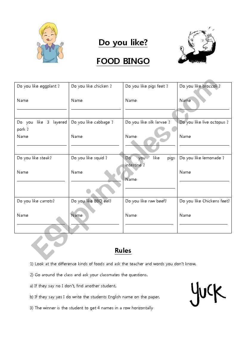 Food Bingo worksheet