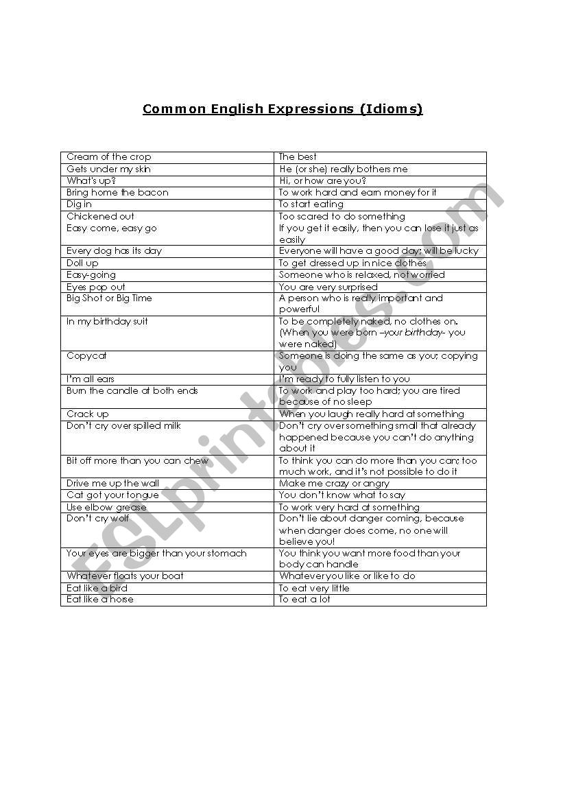 Common Idioms worksheet