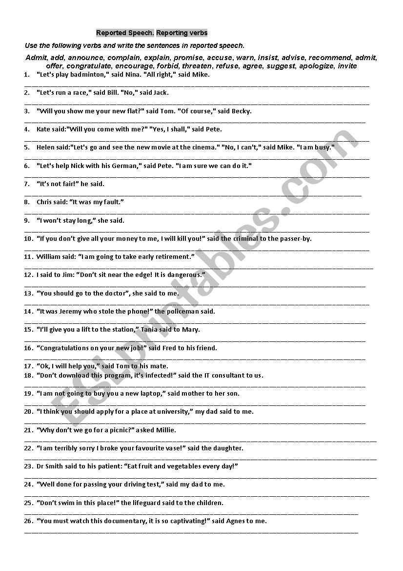 Reporting Verbs Practice worksheet